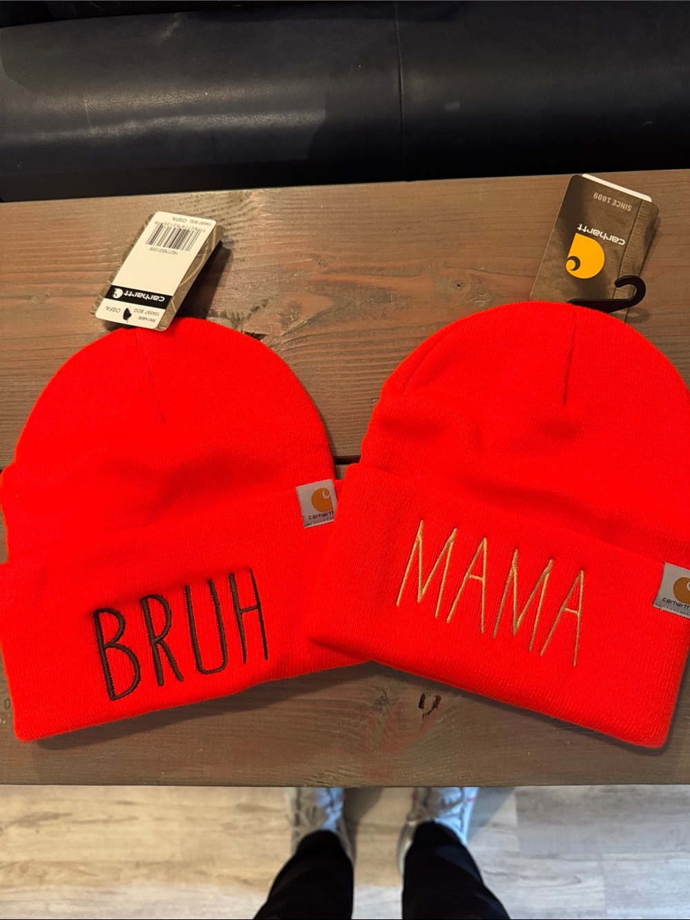 Carhartt Neon Orange 'BRUH' & 'MAMA' Beanies - Set of 2